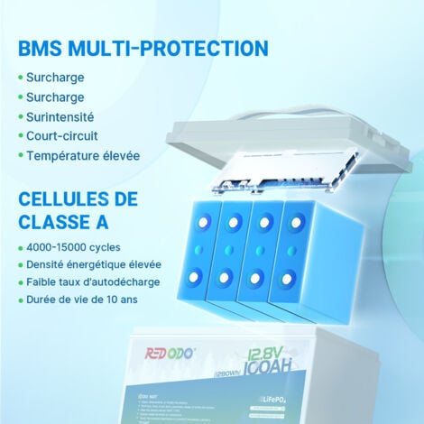 Redodo Batterie au Lithium 12V100Ah rechargeable LiFePO4, BMS 100A Intégré, pour Bateaux, Camping-Cars, caravane, systèmes solaires, kits de panneaux solaires - Paquet de 1 Pièce