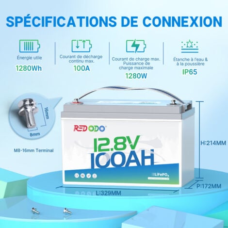 Redodo Batterie au Lithium 12V100Ah rechargeable LiFePO4, BMS 100A Intégré, pour Bateaux, Camping-Cars, caravane, systèmes solaires, kits de panneaux solaires - Paquet de 1 Pièce