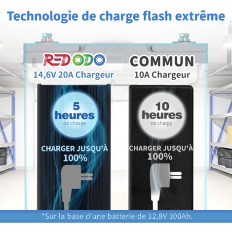 Redodo Chargeur de batterie 14,6V 20A LiFePO4 pour batterie lithium-fer phosphate supporte une charge rapide, conçu pour charger la batterie LiFePO4 à cycle profond