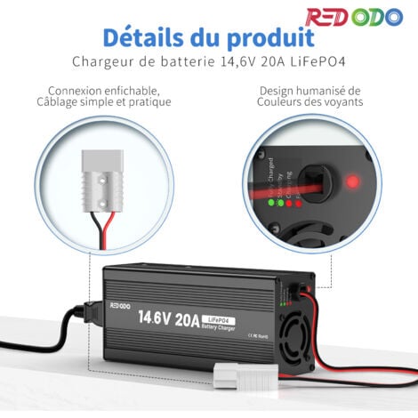Redodo Chargeur de batterie 14,6V 20A LiFePO4 pour batterie lithium-fer phosphate supporte une charge rapide, conçu pour charger la batterie LiFePO4 à cycle profond