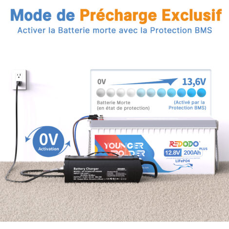 Redodo Chargeur de batterie  14,6V 40A AC-DC pour batteries 12V LiFePO4, avec fonction de charge par trickle, entièrement protégé, idéal pour les batteries LiFePO4