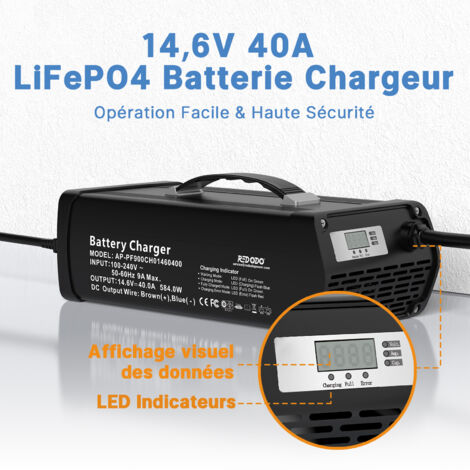 Redodo Chargeur de batterie  14,6V 40A AC-DC pour batteries 12V LiFePO4, avec fonction de charge par trickle, entièrement protégé, idéal pour les batteries LiFePO4