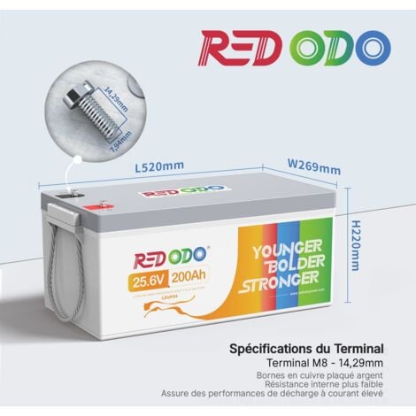 Redodo Batterie lithium 24V200Ah rechargeable LiFePO4, BMS 200A, 5120Wh Max.énergie, 4000-15000 Cycles profonds, pour systèmes solaires,Hors Réseau,kits de panneaux solaires,Camping-Cars,caravane
