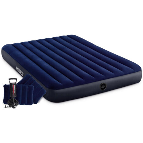 Intex 64765 - Materasso Gonfiabile Classic Downy Matrimoniale, Due Cuscini e Pompa Manuale, PVC, Blu, 152x203x25 cm (1/5)