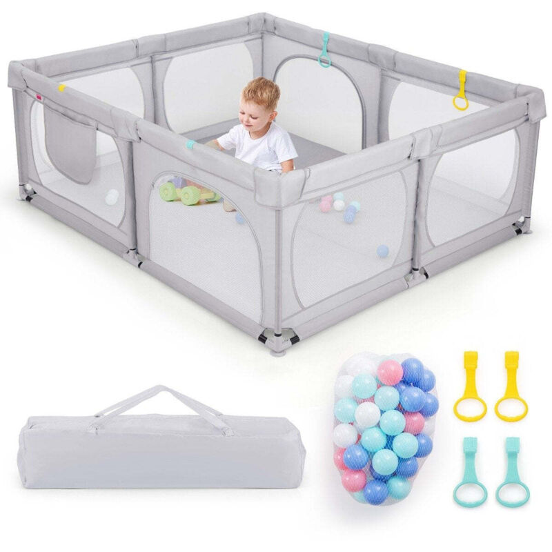 Parc Bébé 150x180 Cm - Avec 50 Balles & 4 Anneaux De Grimpe, Aire De