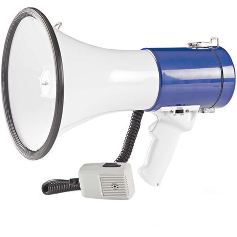 Mégaphone Portée maximale : 1500 m Contrôle du volume maximal : 135 dB Microphone détachable Sirène intégrée Bandoulière Bleu blanc (1/5)