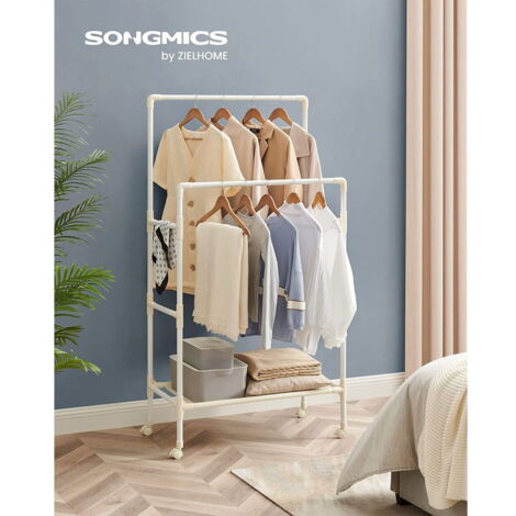 Portant à vêtements en métal blanc avec étagère et roulettes