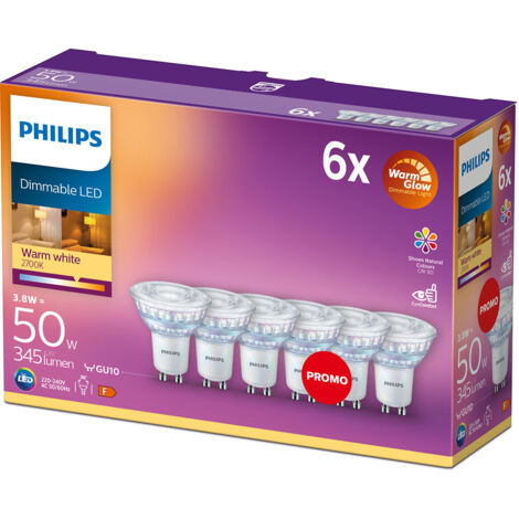 Philips – Ampoule LED GU10 50W dimmable WarmGlow – Lumière blanche chaude 2700K – Lot de 6 – 345 lm – Éclairage d'accentuation moderne (1/10)