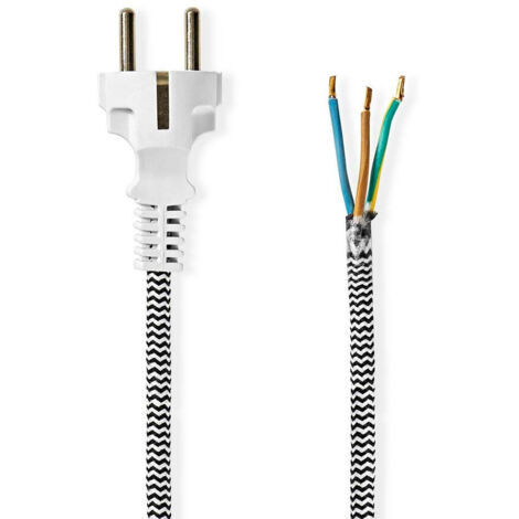 Cable dalimentation connecteur dalimentation male ouvert droit droit nickele 300 m rond coton noir blanc etiquette 83 (1/3)