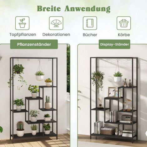 Support pour plantes noir 6 niveaux, étagère pour plantes 180 cm en métal avec 10 crochets en S (1/5)