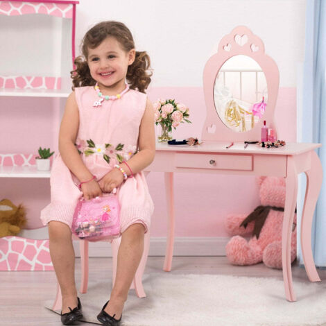Coiffeuse Enfant Costway Avec Miroir Et Tabouret - Table De Maquillage Moderne, Dimensions 70x34x100cm