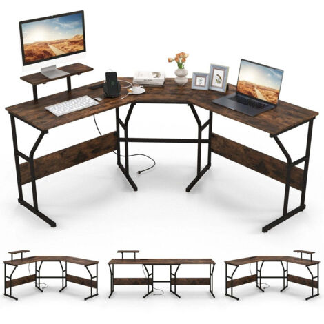 Bureau En L Avec Prises, Bande LED Et Rangements - Réversible, Tiroirs En Tissu, Support écran - Pour Bureau à Domicile - 2