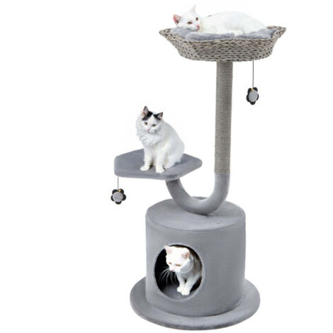 Poteau a gratter dinterieur avec cadre en metal incurve centre dactivites pour chat a 3 niveaux gris (1/5)