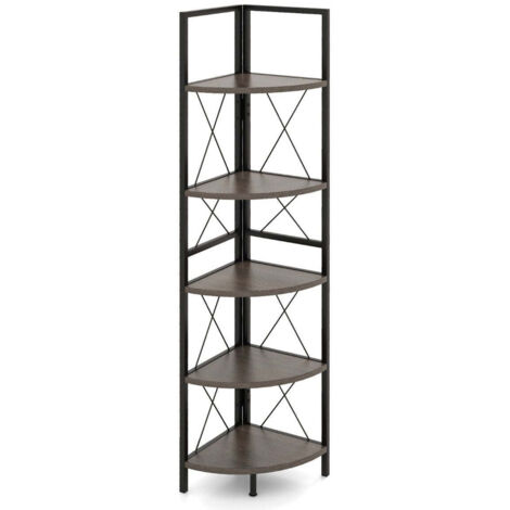 Bibliothèque HWC-A27 Mendler 5 Niveaux - Structure 3D - Marron Foncé / Métal Noir - 183x80 Cm