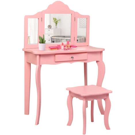 Coiffeuse Enfant AIYAPLAY Avec Tabouret - 7 Accessoires, Rose Vintage, Meuble Fille à Monter