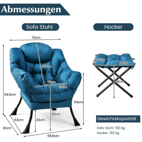 Fauteuil Skandi Lila Avec Tabouret - Bleu Ciel, Métal - Relax Skai - Neuf 2 Ans Garantie