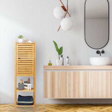 Armoire Salle De Bain En Bambou AD.CON - 170x66x23 Cm, étagères Réglables, Design Naturel, Pour Machine à Laver - 7