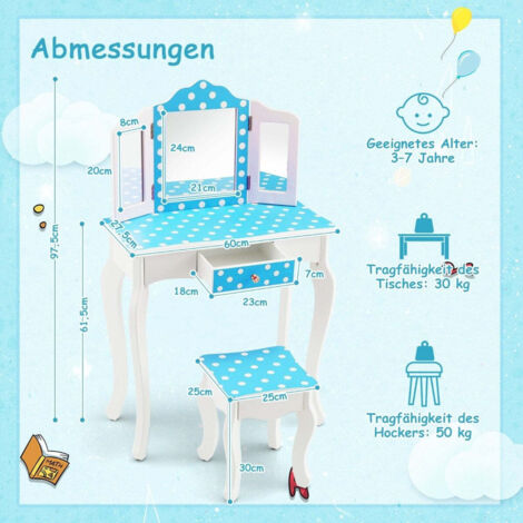Coiffeuse Enfant 2 En 1 Avec Miroir Et Tabouret - Costway, Dimensions 70x37x100 Cm, Neuf à Monter