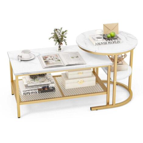 BursDany Lot De 2 Tables Basses - Aspect Marbre Avec Cadre Métal Et Étagère - Design Moderne Doré