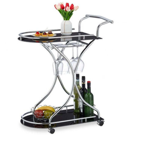 Chariot De Service Vintage Années 70/80 - Chrome Et Verre Doré Sur Roulettes - Table D'appoint