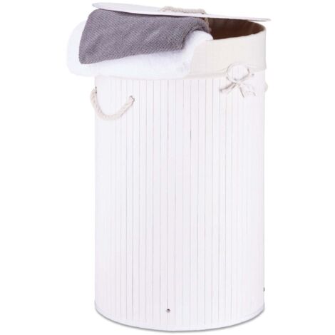 Panier à Linge Rond En Osier Blanc Avec Couvercle - Motif Ourson En Peluche - 34 Litres, Ø32 X H48 Cm