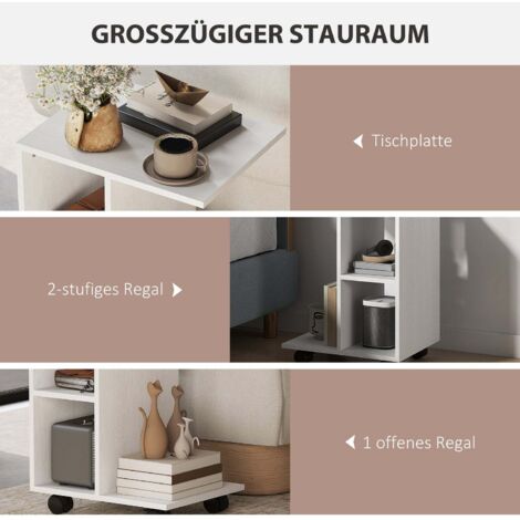 Table D'appoint Forme C Avec Roulettes - 3 Compartiments Pour Salon Et Chambre, Blanc