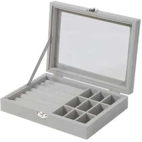 Herzberg hg 05361 organisateur de bijoux en velours avec couvercle en verre 9 grilles 7 emplacements pour anneaux (1/5)
