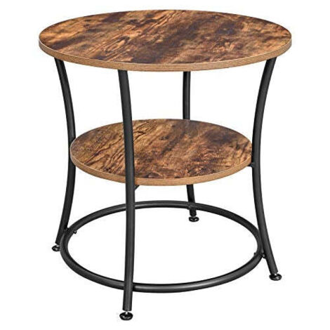 Rustic brown round side table with black steel frame