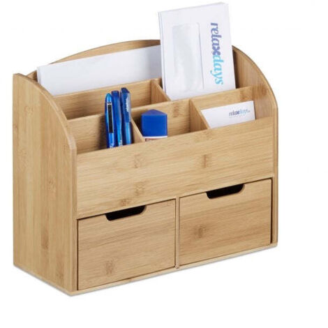 Organiseur de bureau en bambou a 2 tiroirs support de rangement pour dessus de table bureau majordome (1/3)