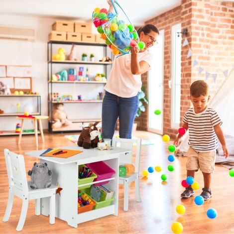 Table + 2 chaises enfant CANDICE avec espace de rangement en bois blanc