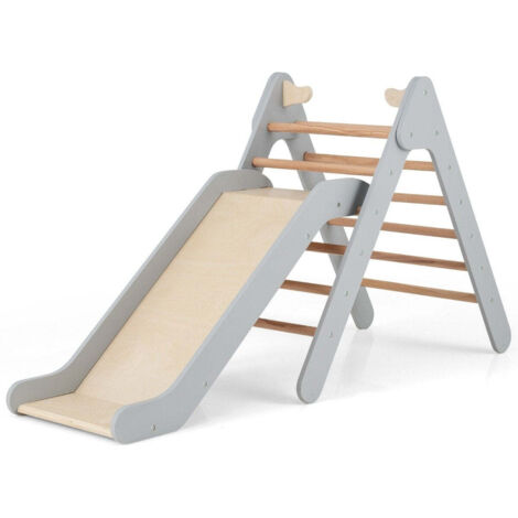 LIFEZEAL – Triangle D'escalade 4 En 1 Avec Toboggan, Filet, échelle Et Planche – Bois De Bouleau Et Hêtre – 50 Kg – Dès 1 An – Beige