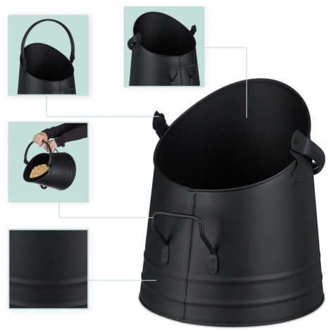 Relaxdays Seau à Charbon 12 L – Noir Mat & Doré, Avec Poignées Et Verseur Inclinable, Pour Cheminée, Poêle Ou Barbecue