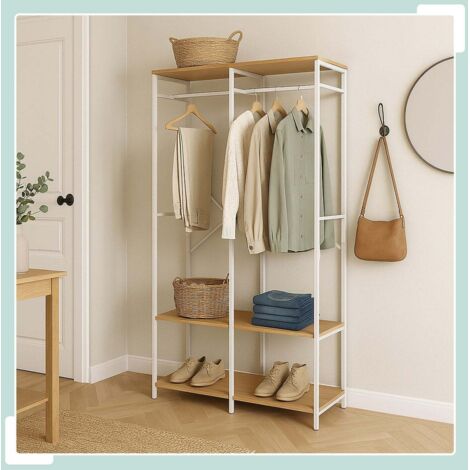 Penderie Robuste Enjinkail - Armoire Ouverte Métal 3 Étagères 2 Tringles - Noir