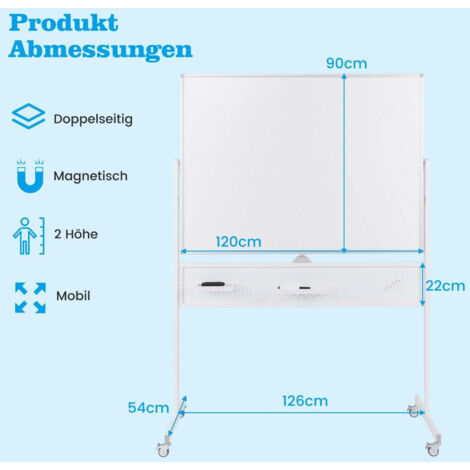 Tableau blanc mobile double face 120x90 cm avec support et roulettes