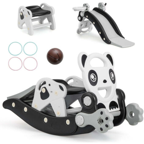 Toboggan 5 En 1 FANTASK Pour Enfants : Cheval à Bascule, Aire De Jeux Avec Panier De Basket Et Anneaux - Intérieur & Extérieur 1-5 Ans (Panda)