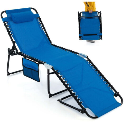 Chaise longue de jardin pliante avec appui-tête et poche latérale avec dossier réglable bleu marine (1/5)