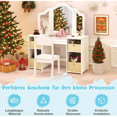 DREAMADE Coiffeuse pour Enfant avec 3 Miroirs Amovibles, Ensemble Table
