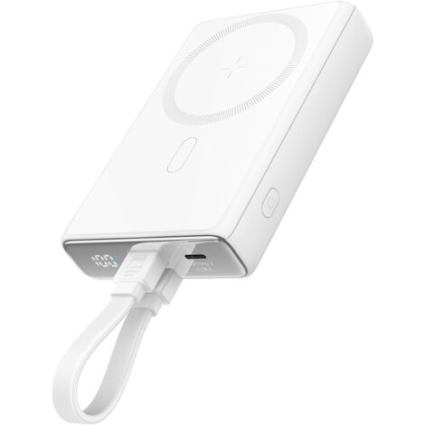 Batterie externe magnétique 10 000 mAh 20 W avec support et câble Lightning USB-C blanc (1/5)
