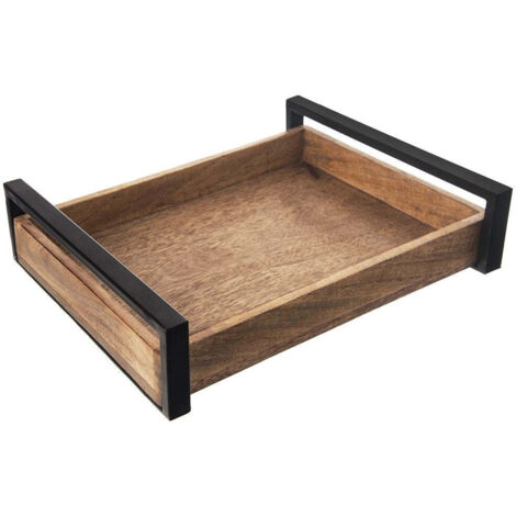 Plateau de service rectangulaire en bois de manguier avec poignée en métal (1/5)