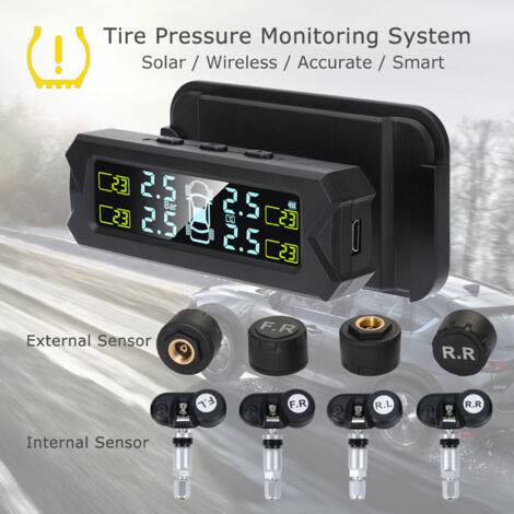 Wakects Moniteur TPMS C240 à Énergie Solaire - Système Surveillance Pression Pneus Voiture Avec 4 Capteurs Externes