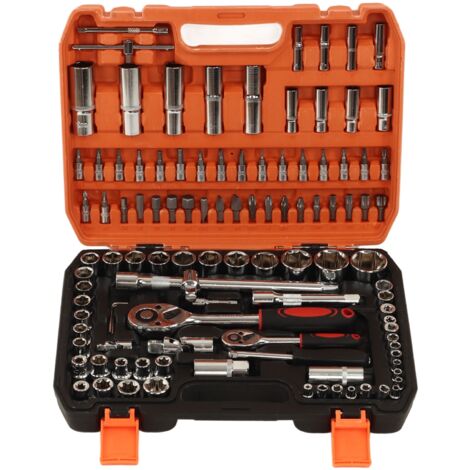 Kit d'assortiment de 108 outils de réparation mécanique : douilles à impact, cliquet, clés hexagonales et embouts de tournevis. (1/5)