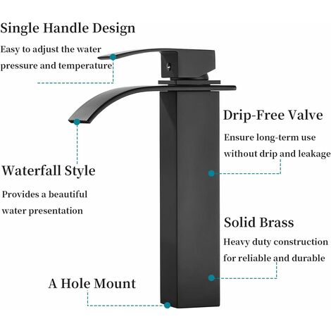 S-giant Haut Robinet de Lavabo Cascade, Robinet Salle de Bain avec Eau Froide & Chaude Disponible, Haut Cascade de Mitigeur Lavabo, Noir Mat