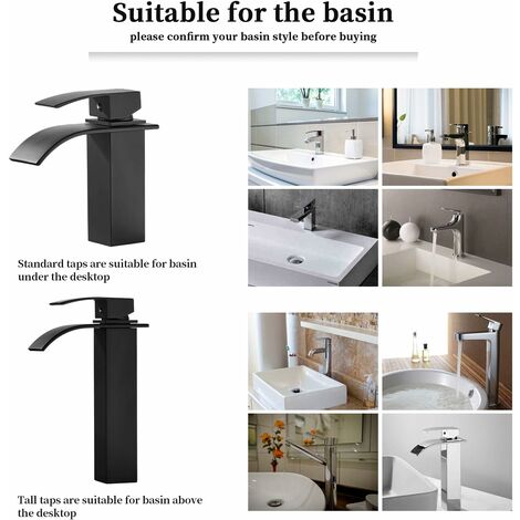 S-giant Haut Robinet de Lavabo Cascade, Robinet Salle de Bain avec Eau Froide & Chaude Disponible, Haut Cascade de Mitigeur Lavabo, Noir Mat