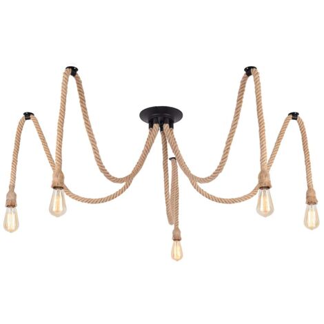 Lustre Industriel Vintage 3 Lumières - Suspension Réglable Corde Chanvre Pour Salon, Café, Bar - Style Rétro Moderne