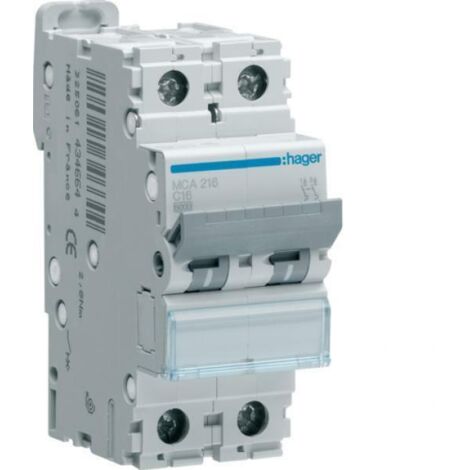 Interruttore automatico magnetotermico 2 poli 16 a 6 ka curva c 2 m. din hager mca216