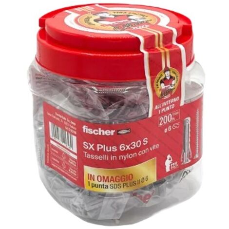 Barattolo 200 pz tasselli 6x30 mm in nylon con vite e punta trapano fischer 00570206 (1/8)
