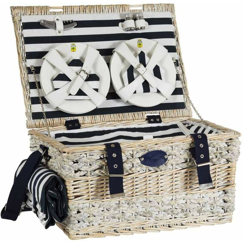 Cesta de picnic de mimbre con cubiertos, cesta de picnic para 2 personas,  cestas grandes de picnic con compartimento de almacenamiento (color  natural