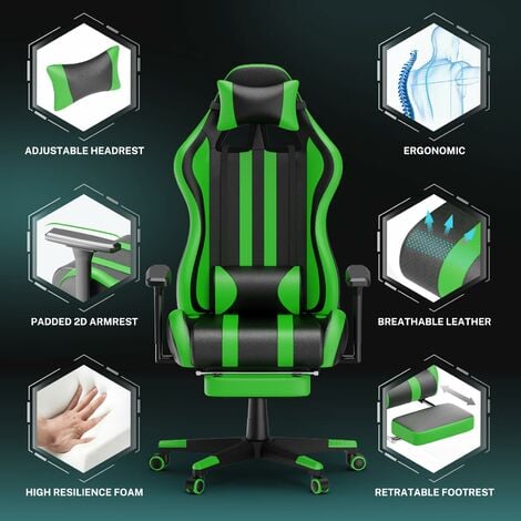 Gaming Stuhl Ergonomisch mit verstellbare Lendenkissen & Kopfkissen &  Armlehnen & Fußstütze Bürostuhl PC Computerstuhl 130