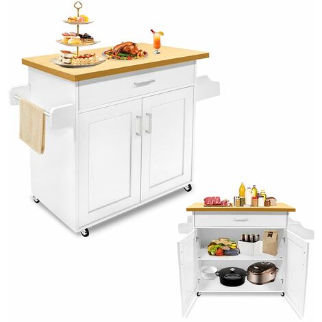 NAIZY Küchenwagen Mit Rollen, Arbeitsplatte & Schubladen – 85x68x39cm, Aus Holz, Abschließbar, Inkl. Weinregal – Perfekt Für Küche & Wohnzimmer