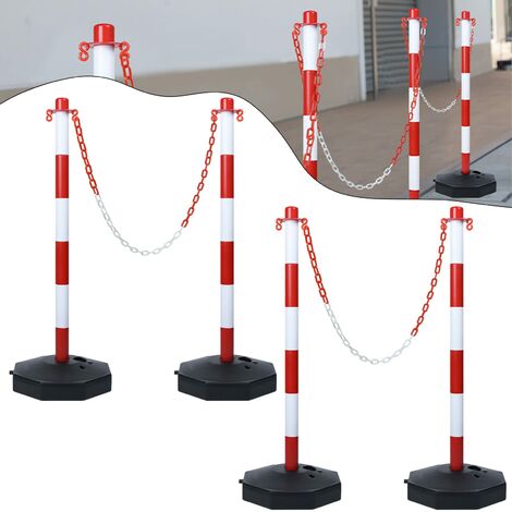 NAIZY Absperrpaal 4 Stuks Kunststof Paal met 140cm Afzetketting & PE Basis Verkeerspaal PP Afzetting 82cm Leidingspaal Flexibel Verkeerskegel inclusief Waarschuwingssignalen, Rood Wit
